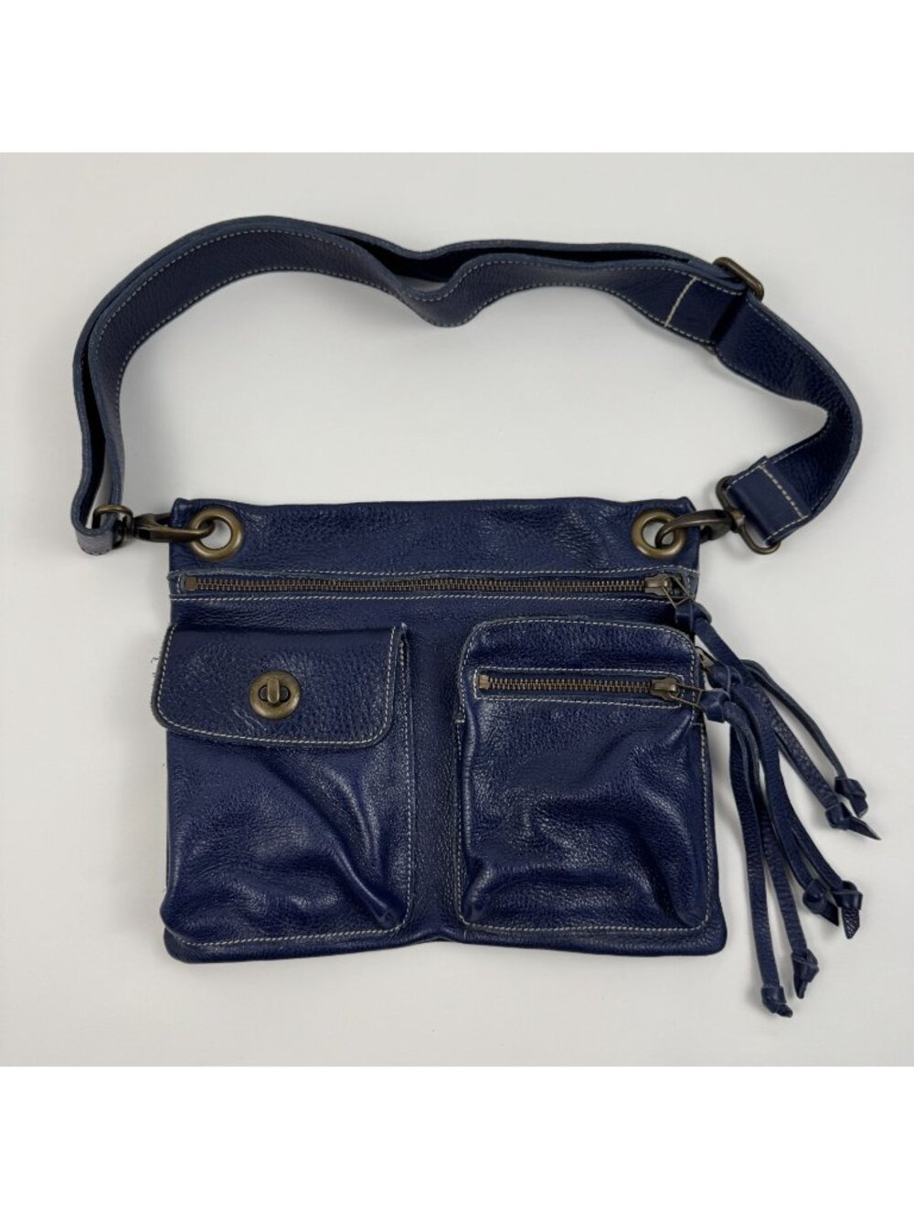 Roots Blue Leather Villager Tribe Crossbody Bag Satchel with Adjustable Strap